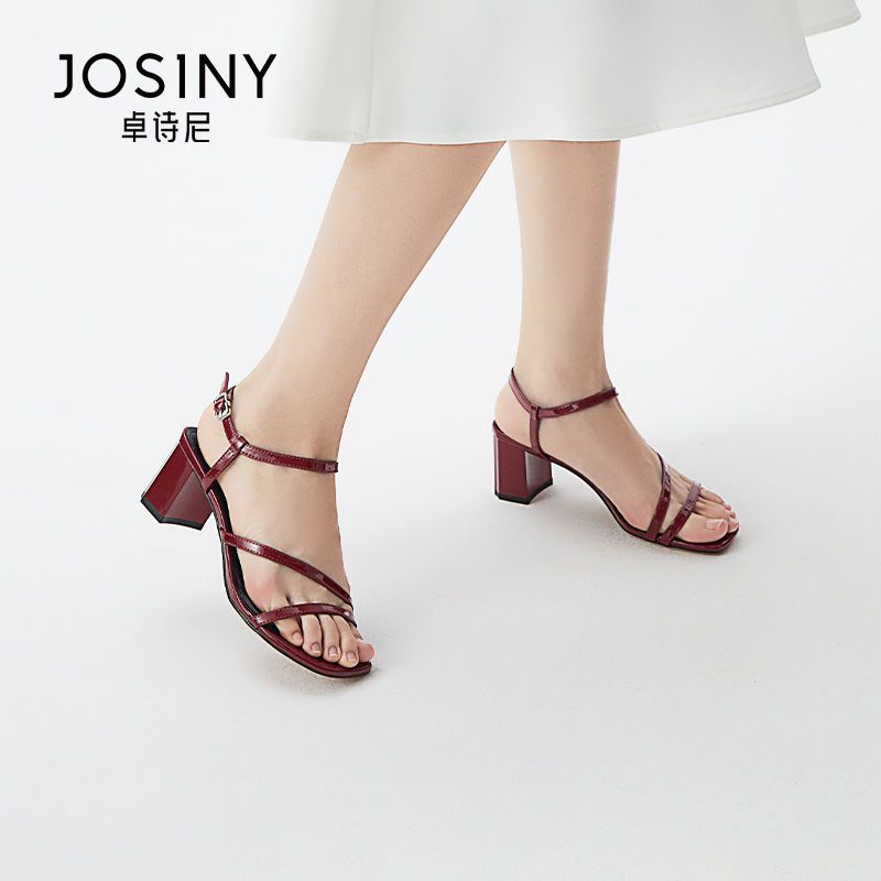 165827-卓诗尼粗跟高跟鞋女2022新款夏季简约仙女风一字带时装凉鞋女学生-详情图