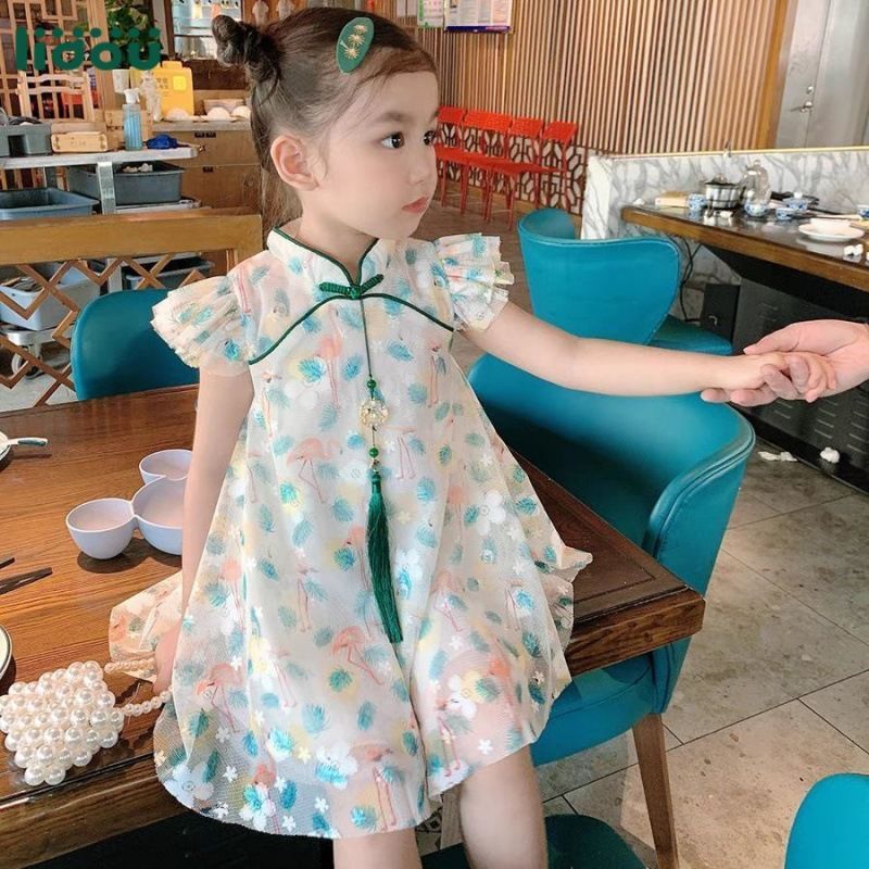 童裝女童連衣裙夏裝旗袍小飛袖2022新款中小童寶寶裙子夏兒童洋氣