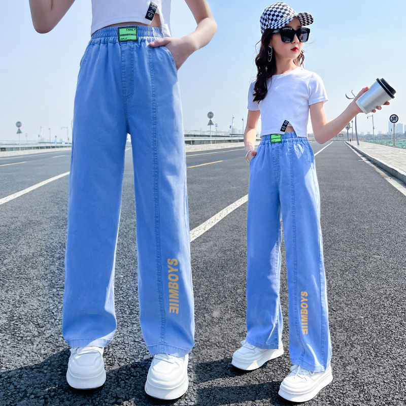兒童天絲牛仔褲2022夏季新款中大童薄款直筒褲洋氣女童防蚊褲夏裝