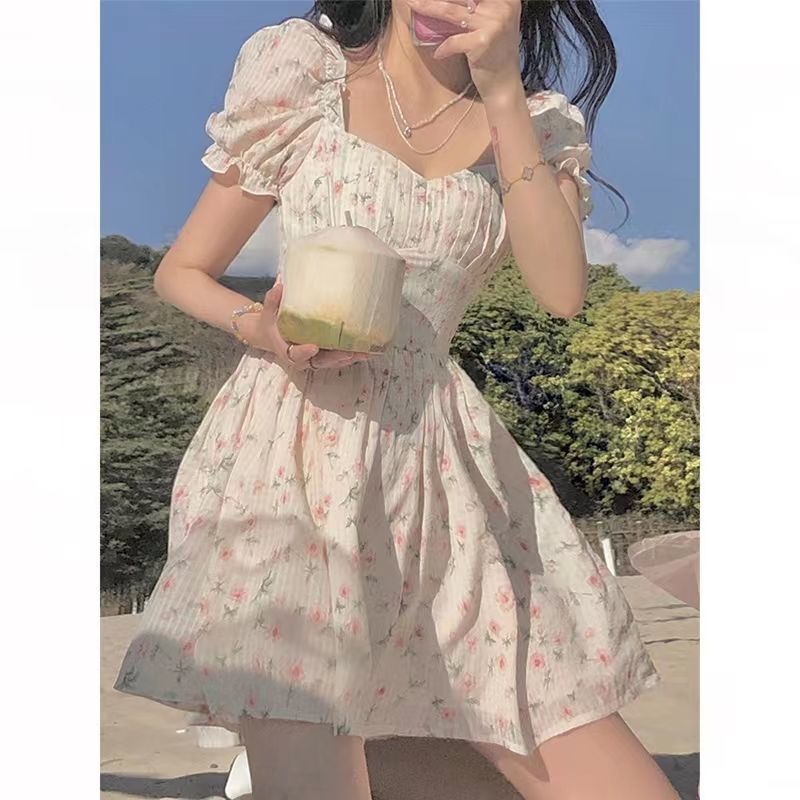 French style gentle style advanced first love tea break milk sweet skirt design sense niche floral waist dress female summer