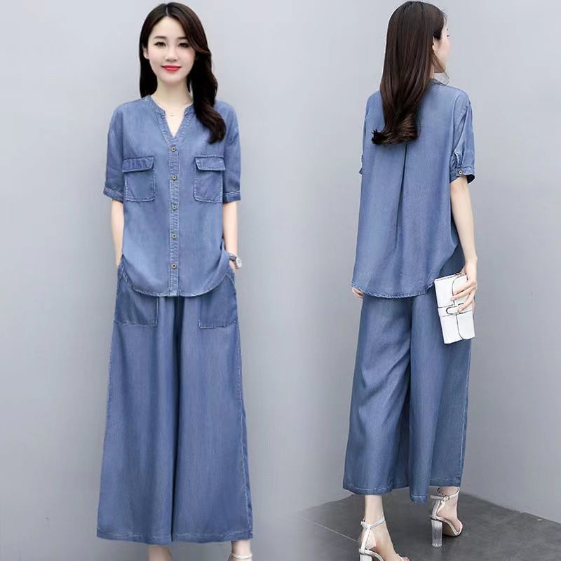 大碼女裝闊腿褲套裝夏季2023新款中年媽媽時尚洋氣寬鬆減齡兩件套