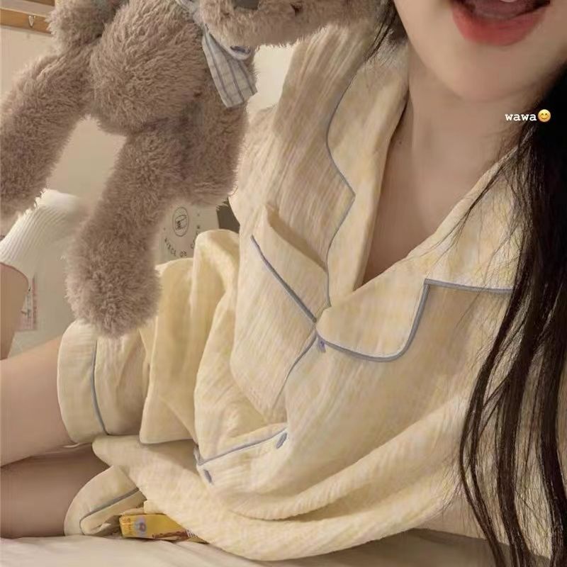 Yellow plaid pajamas women's summer 2023 new cardigan short-sleeved shorts sweet student outer wear home service suit