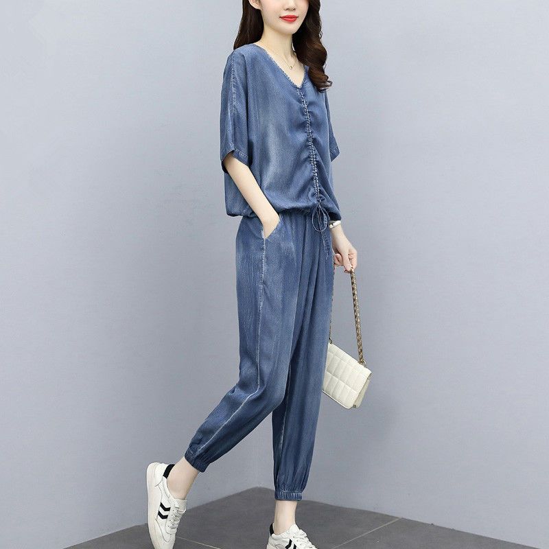 Tencel Denim Suit Women's 2023 Summer New Korean Style Fashion Age Reduction Casual Internet Celebrity Loose Summer Two-piece Set