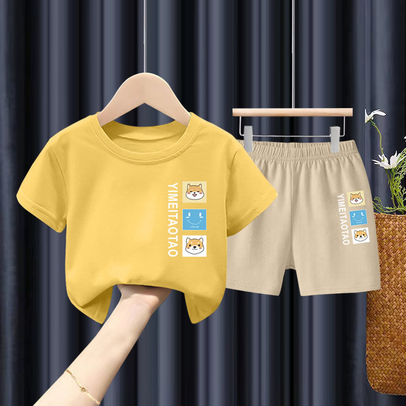 Boys' summer suit 2022 new pure cotton short sleeve t-shirt men's and women's Korean Middle and small children's shorts summer fashion suit