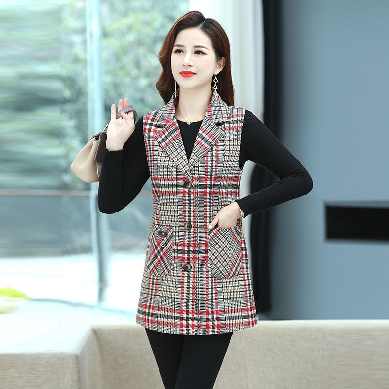 Mother's new vest spring and autumn lapel cardigan vest 4060 middle-aged and elderly women's wear plaid vest top