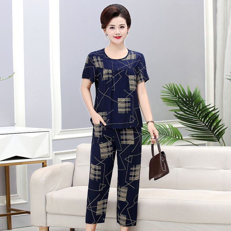 Middle-aged and elderly women's summer cotton silk pajamas set large size thin artificial cotton home service two-piece set mother's outerwear pajamas