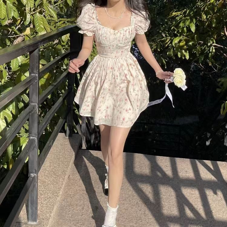 French style gentle style advanced first love tea break milk sweet skirt design sense niche floral waist dress female summer