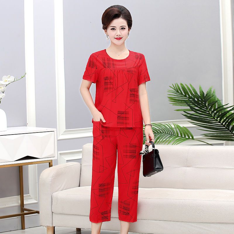 Middle-aged and elderly women's summer cotton silk pajamas set large size thin artificial cotton home service two-piece set mother's outerwear pajamas