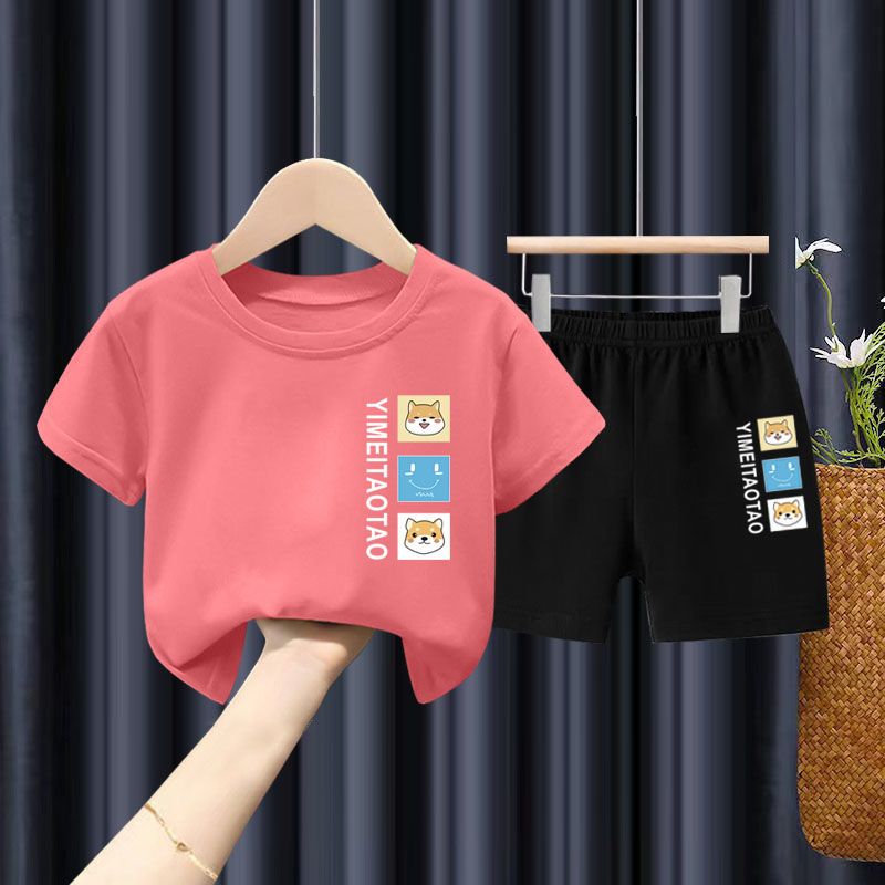 Boys' summer suit 2022 new pure cotton short sleeve t-shirt men's and women's Korean Middle and small children's shorts summer fashion suit