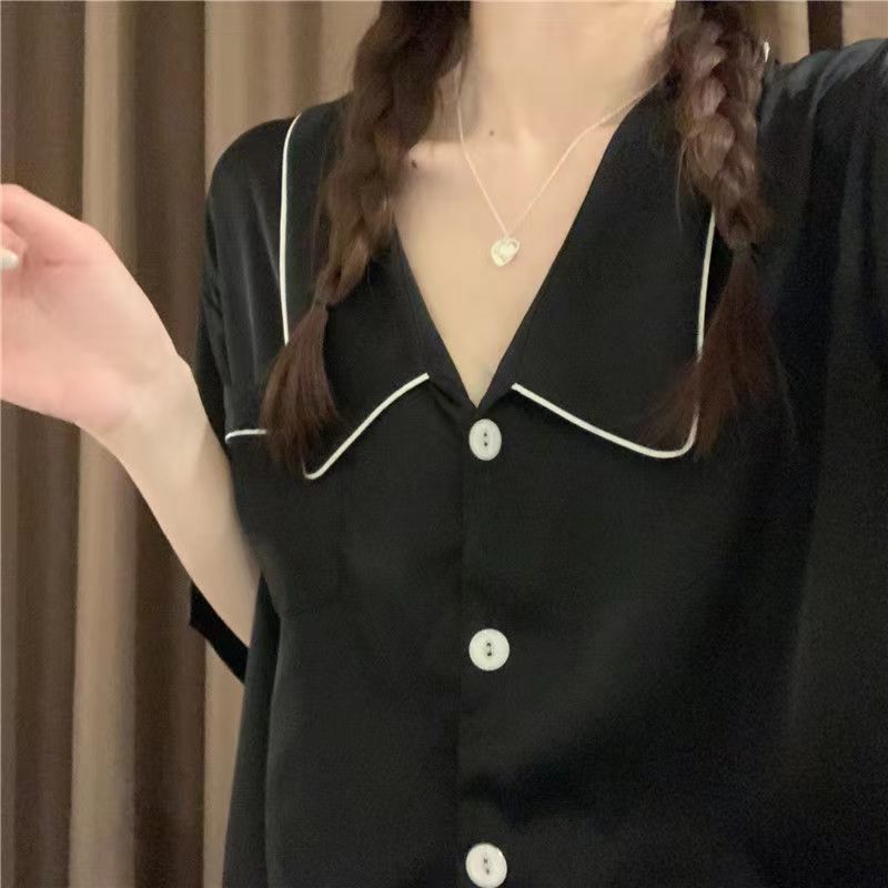 ins夏季新款黑色簡約短袖短褲薄款高顏值冰絲綢睡衣女家居服套裝
