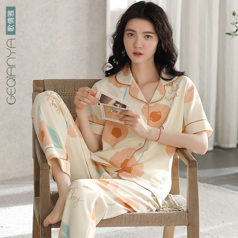 Songqianya summer pajamas women's summer pure cotton short-sleeved trousers  new cotton home service ladies suit