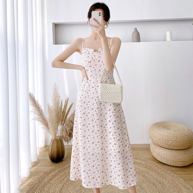 Chiffon Floral Dress Set women's summer latest cardigan suspender skirt two piece set