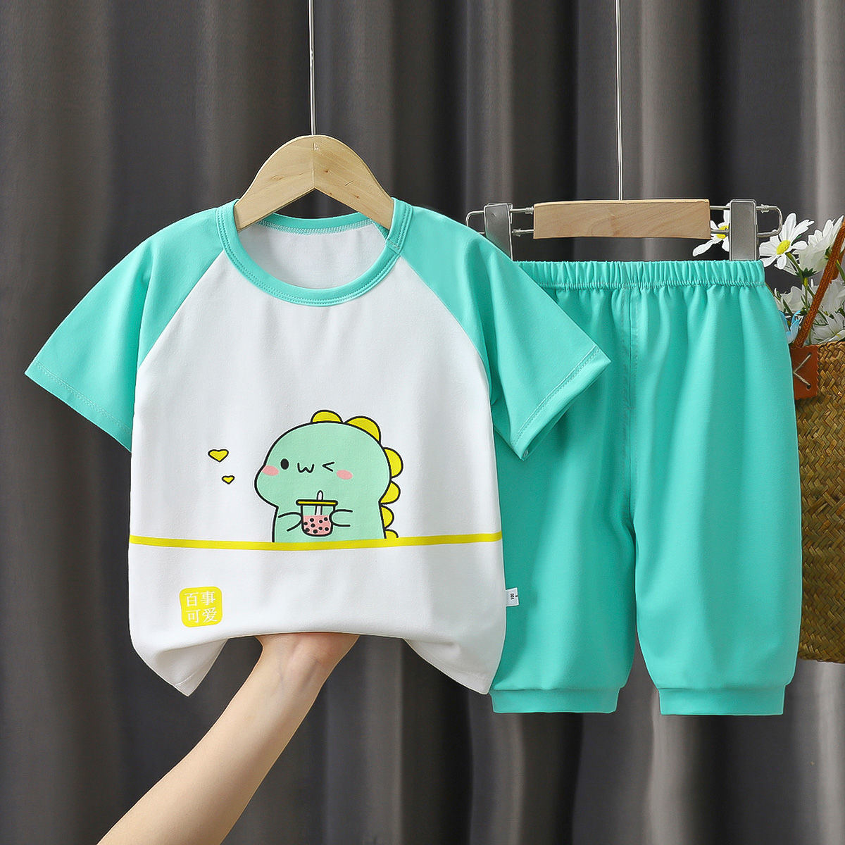 新款儿童短袖套装夏季纯棉中小童T恤男童女童短裤两件套宝宝夏装