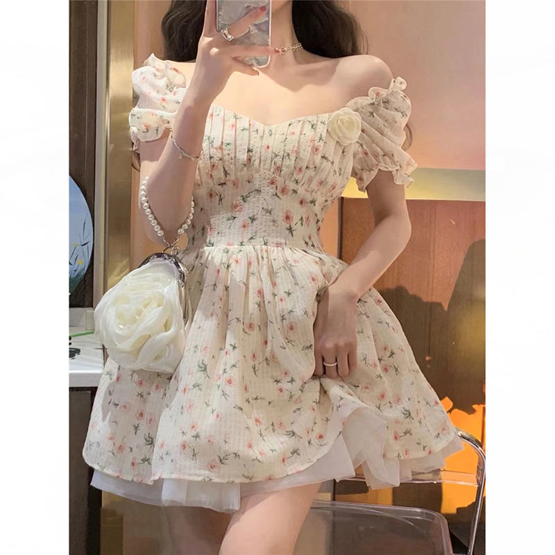 French style gentle style advanced first love tea break milk sweet skirt design sense niche floral waist dress female summer