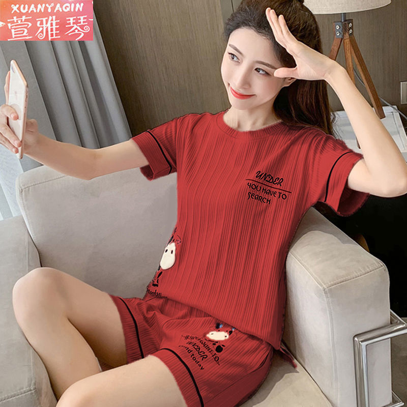 100% double-sided pajamas women's summer solid color Korean version cute short-sleeved girls loose plus size ladies home service suit