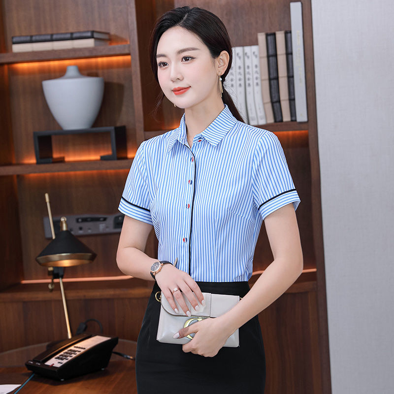 Blue vertical striped shirt female short-sleeved professional dress hotel waiter work clothes summer shirt restaurant tooling