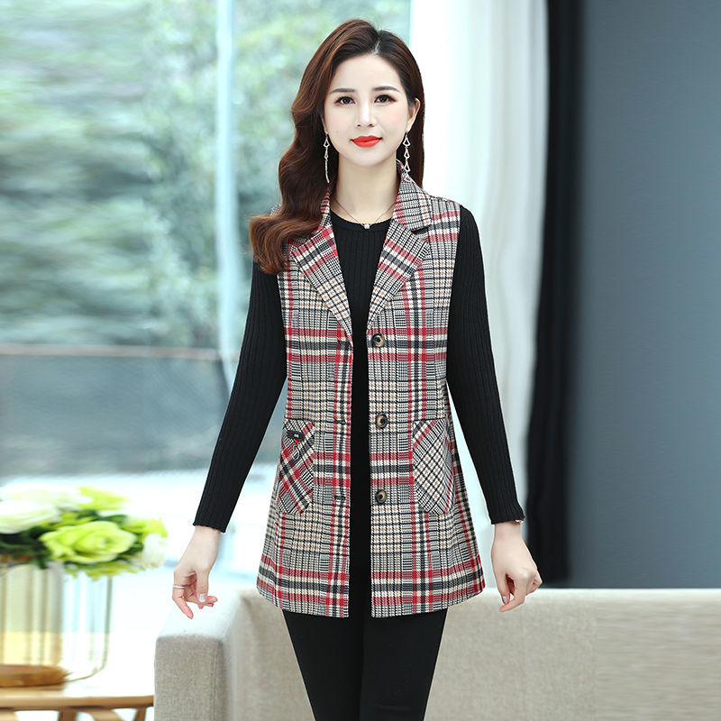 Mother's new vest spring and autumn lapel cardigan vest 4060 middle-aged and elderly women's wear plaid vest top