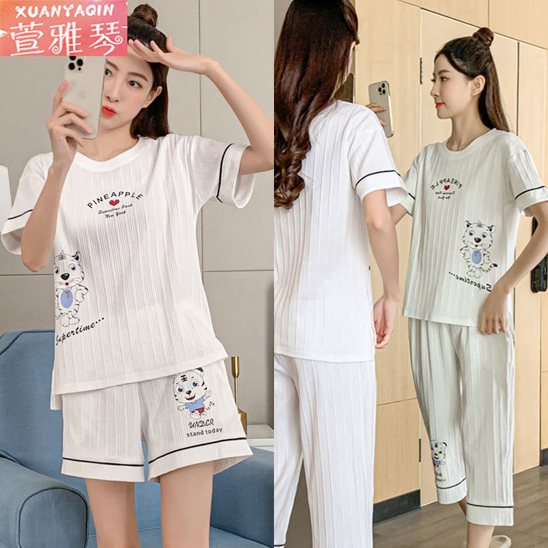 Pajamas women's summer short-sleeved shorts cropped pants loose cartoon student dormitory can be worn outside large size home service suit