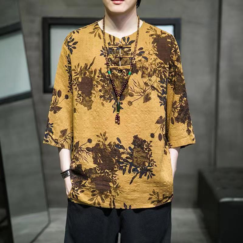 亞麻t恤男短袖夏季薄款中國風男裝五分袖古風青年中式唐裝半袖潮