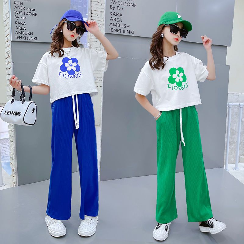 女童套裝夏裝洋氣2023新款韓版兒童短袖闊腿褲兩件套女大童網紅潮