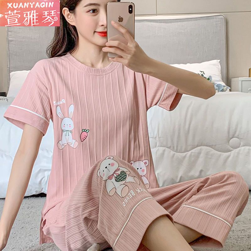 2022 pajamas women's summer short-sleeved loose cropped pants sweet ladies plus size spring and summer thin outerwear home service suit