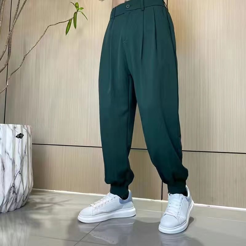 Cropped pants men's ice silk white small trousers thin style trend versatile drop feeling solid color small foot casual pants