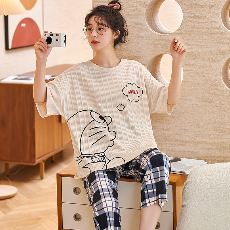 100% cotton pajamas women's summer thin short sleeve shorts cute cartoon summer student loose fitting home clothes can be worn outside