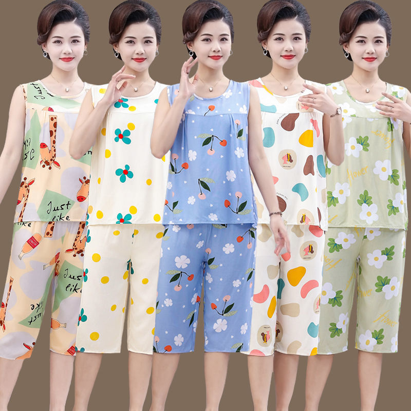 Summer Ladies Cotton Silk Pajamas Middle-aged and Elderly Large Size Artificial Cotton Home Service Two-piece Set Thin Section Fashion Pajamas Outerwear