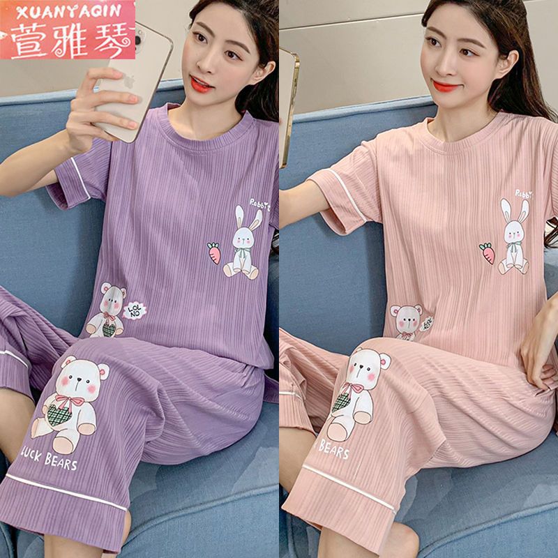 Cropped pants pajamas women's summer short-sleeved cartoon cute students loose fresh large size can be worn outside home service suit
