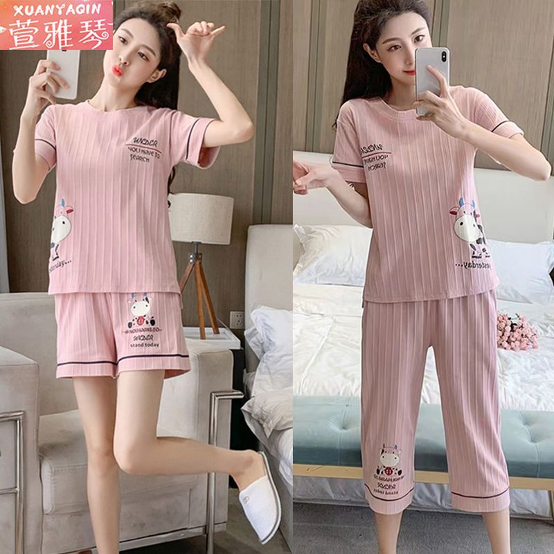 Women's pajamas spring and summer short-sleeved shorts Korean version loose casual sweet student large size home clothes capri pants suit