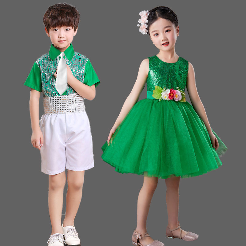 六一儿童演出服大小班合唱服女童时尚公主裙幼儿园绿色小草表演服