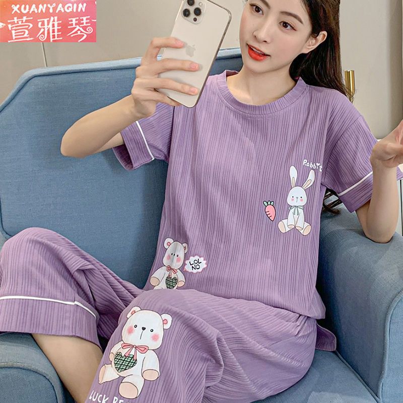 Pajamas women's summer Korean cartoon short-sleeved students loose casual large size cropped pants outerwear home service suit