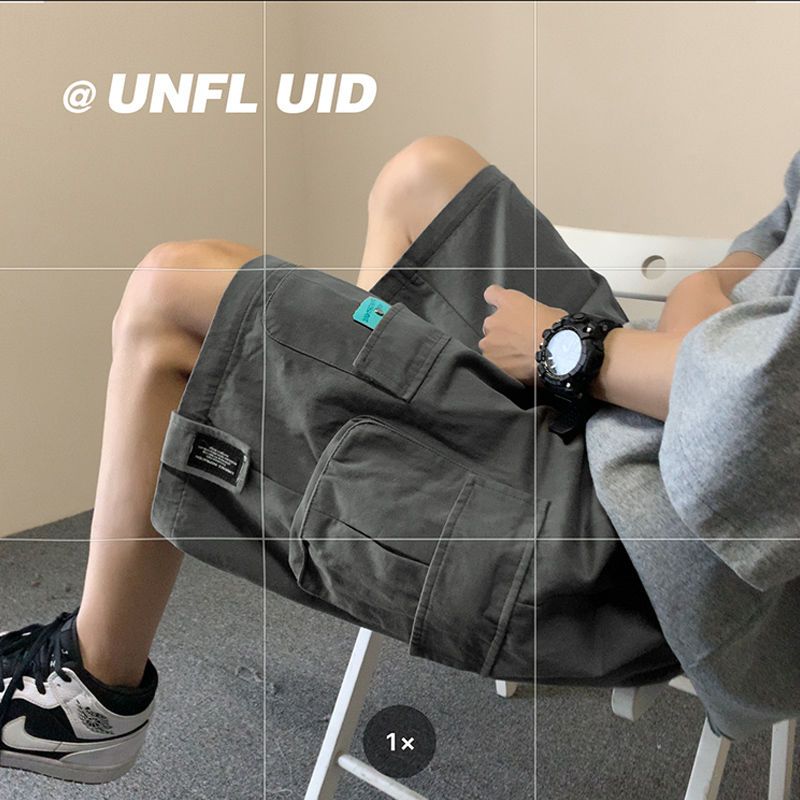 純棉工裝短褲男夏季潮牌貼標口袋潮流寬鬆百搭闊腿運動休閒五分褲