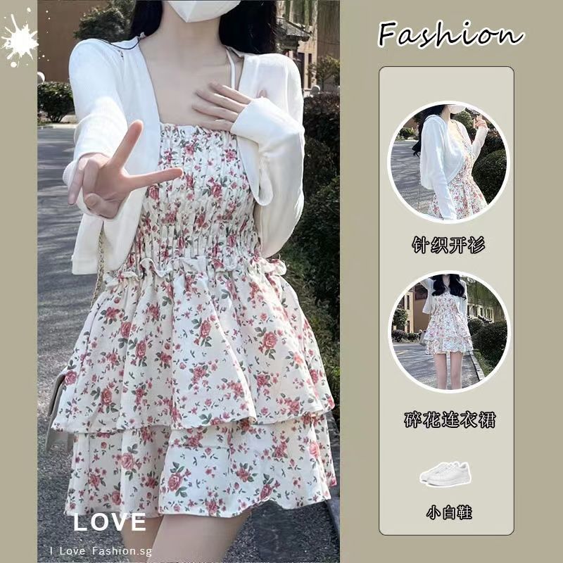 Ins super fire girl 2023 new Korean version autumn new sweet waist floral floral slimming all-match dress a-line skirt