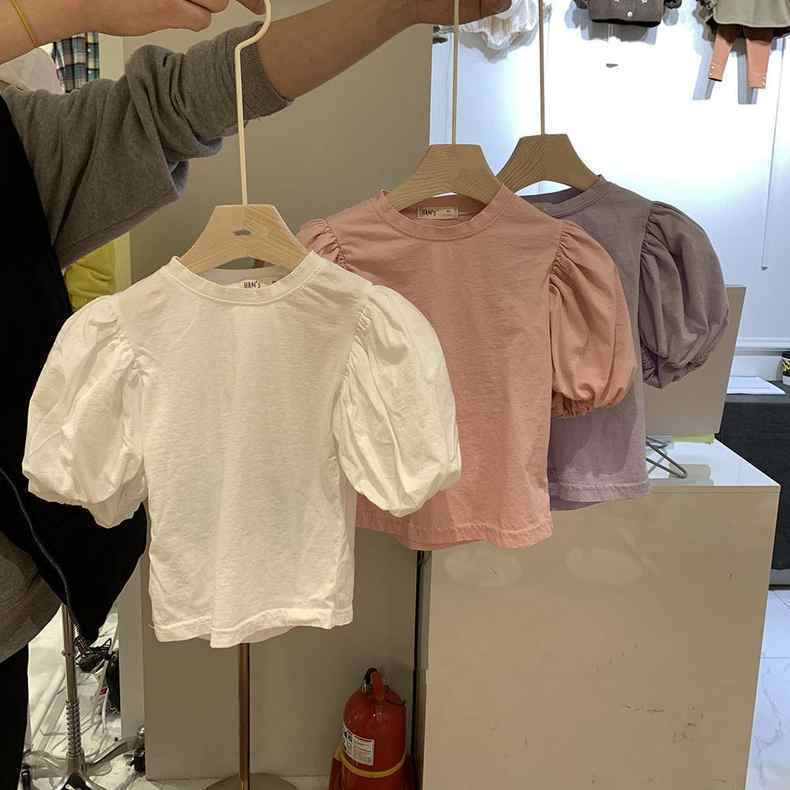 Girls puff sleeve pure cotton T-shirt Korean children's clothing 2021 spring and summer children's lantern sleeve little girl white top
