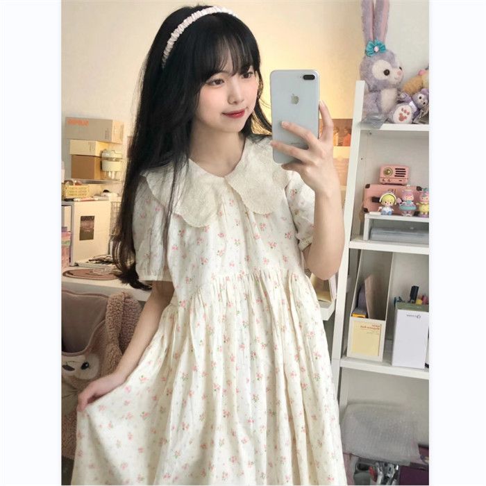 小個子甜美學院風娃娃領碎花連衣裙夏女學生寬鬆顯瘦中長款a字裙
