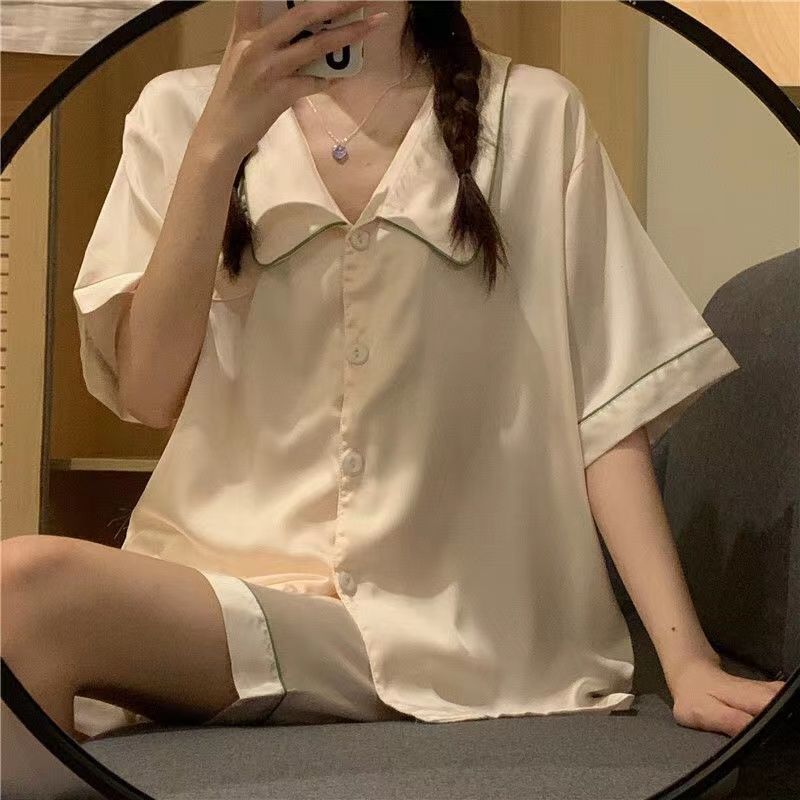 ins夏季新款簡約奶油杏短袖短褲薄款高顏值冰絲睡衣女家居服套裝