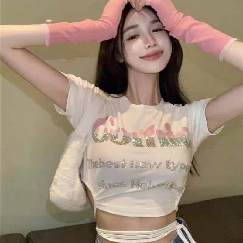Pure desire wind show chest big tight short hot drill t-shirt women's summer short-sleeved foreign style sexy tie-waist hot girl top tide
