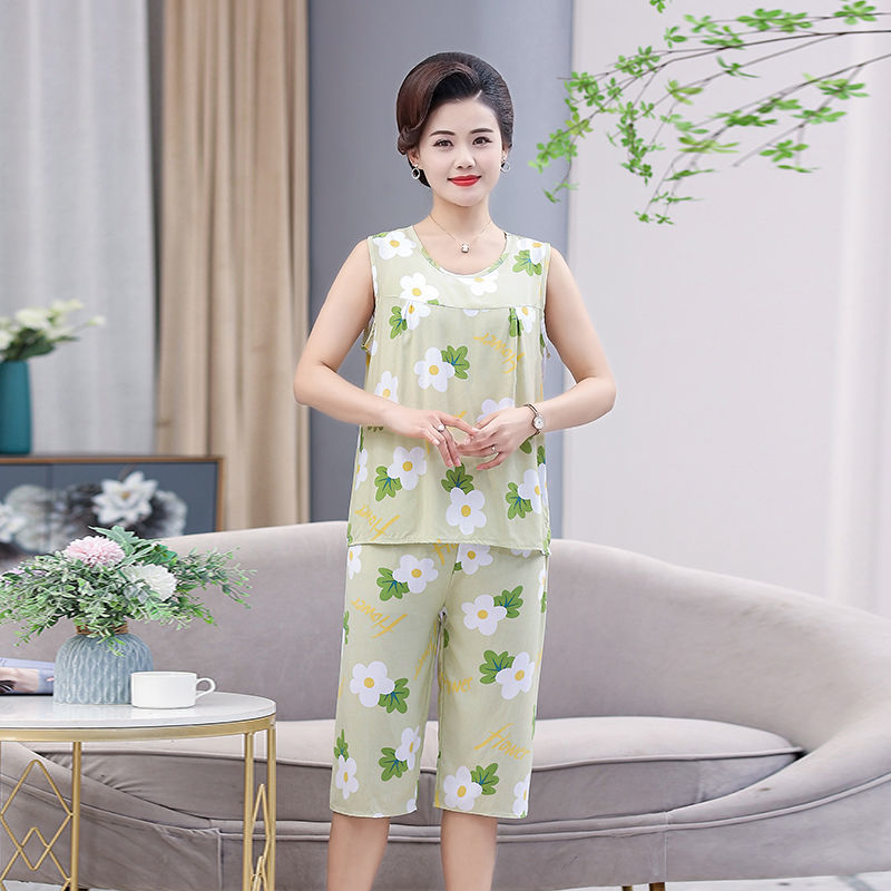 Summer Ladies Cotton Silk Pajamas Middle-aged and Elderly Large Size Artificial Cotton Home Service Two-piece Set Thin Section Fashion Pajamas Outerwear