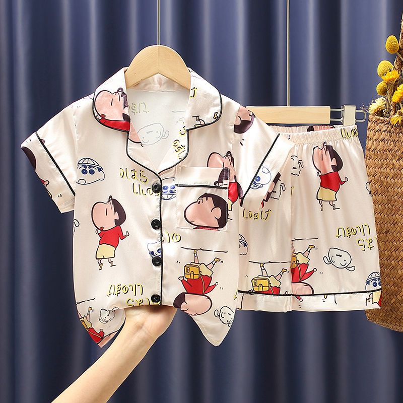 Children's pajamas men's summer ice silk short sleeved thin cute cartoon middle school children's and little girls' pajamas air conditioning suit set