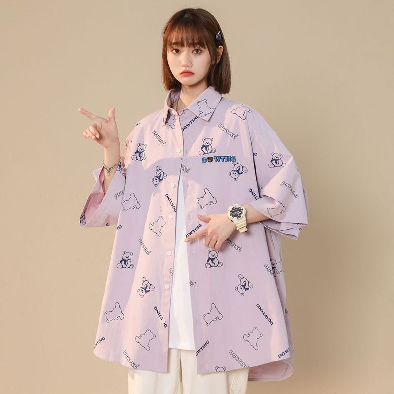 oversize衬衫女学生小众设计感韩版七分半袖上衣小个子短袖衬衣夏