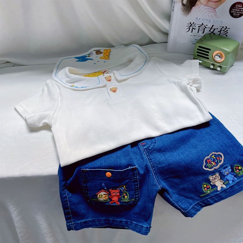 Children's Japanese embroidery jacket jeans suit boys and girls summer cotton short-sleeved white shirt cotton jeans