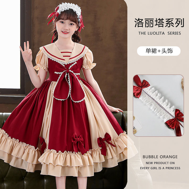 Girls' Lolita Princess Dress  New Short-Sleeved Skirt Children's Summer Dress College Style Western Fashion Dress