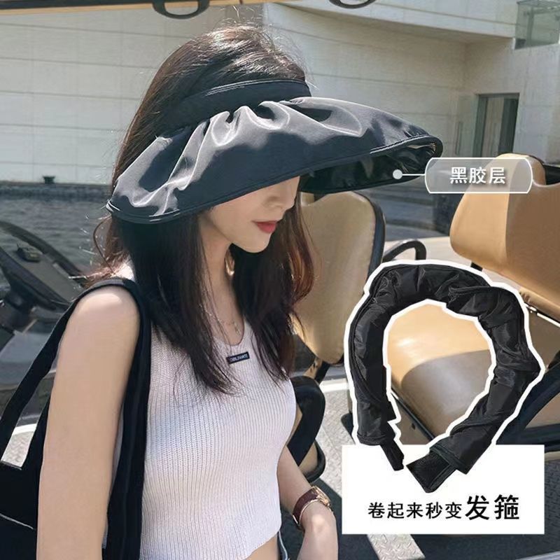 Black plastic sun visor hat women's sunscreen summer big eaves straw hat show face small tourist ultraviolet ray cover face sun hollow fisherman hat