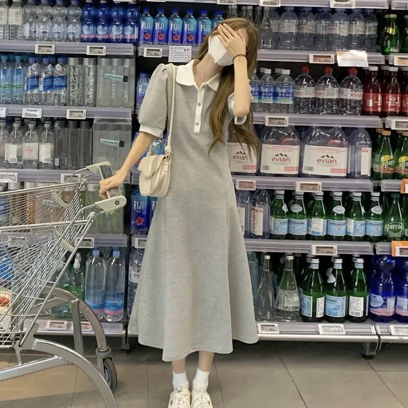 polo領撞色短袖連衣裙女夏季2022新款氣質減齡中長款收腰顯瘦裙子