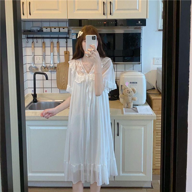 Pure desire lace lace mesh splicing nightdress female summer thin section sweet short-sleeved home service pajamas summer ins style