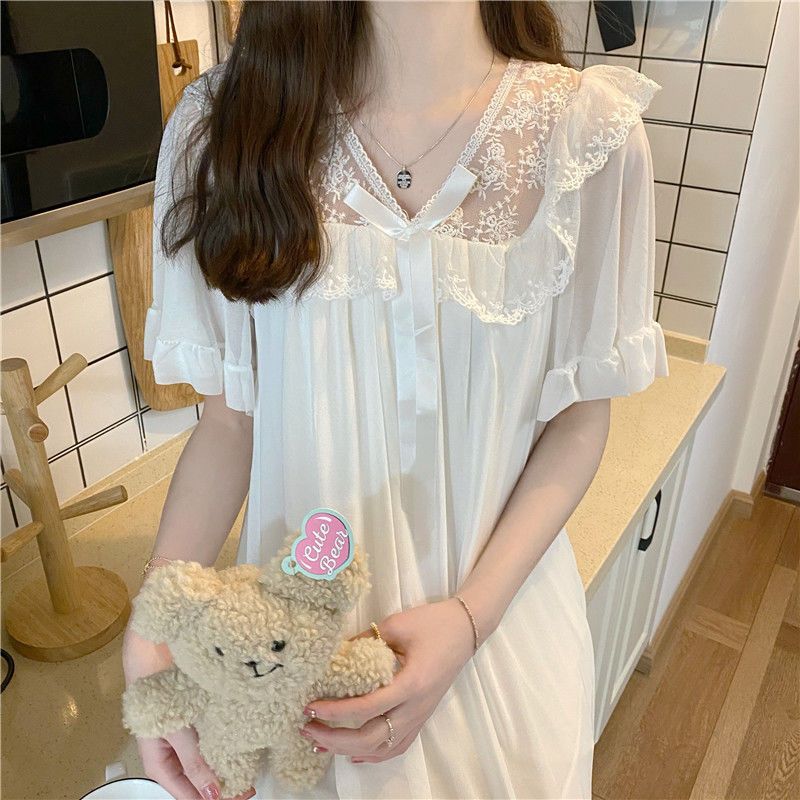 Pure desire lace lace mesh stitching nightdress female summer thin section sweet short-sleeved home service pajamas summer ins style