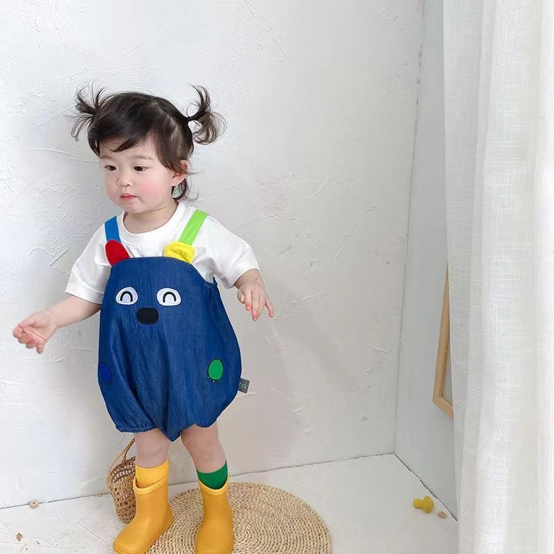 Baby Korean version of overalls baby summer new foreign style super cute cute dinosaur tail denim jumpsuit shorts