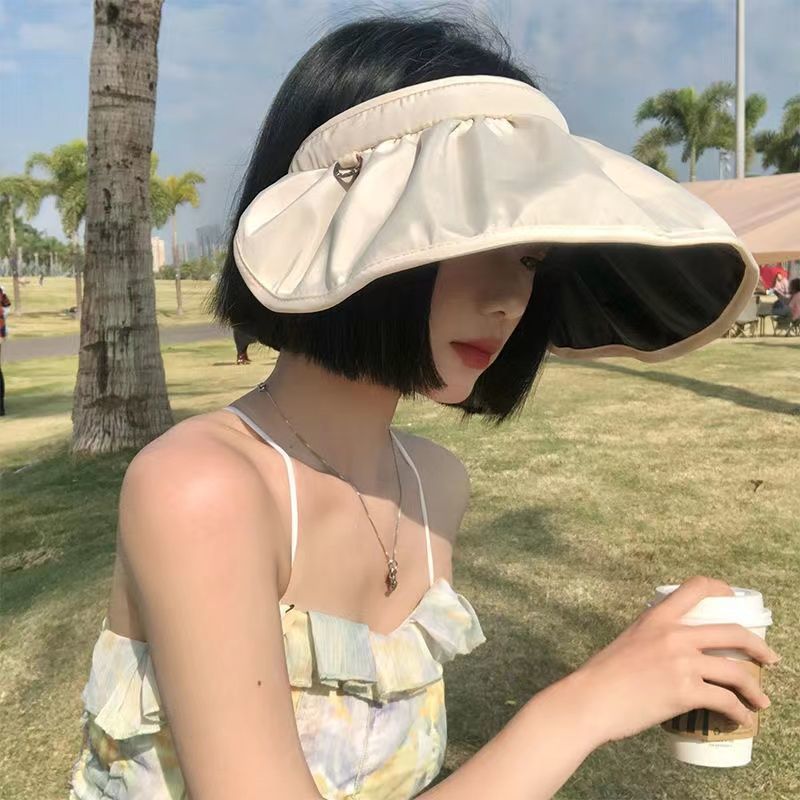Black plastic sun visor hat women's sunscreen summer big eaves straw hat show face small tourist ultraviolet ray cover face sun hollow fisherman hat