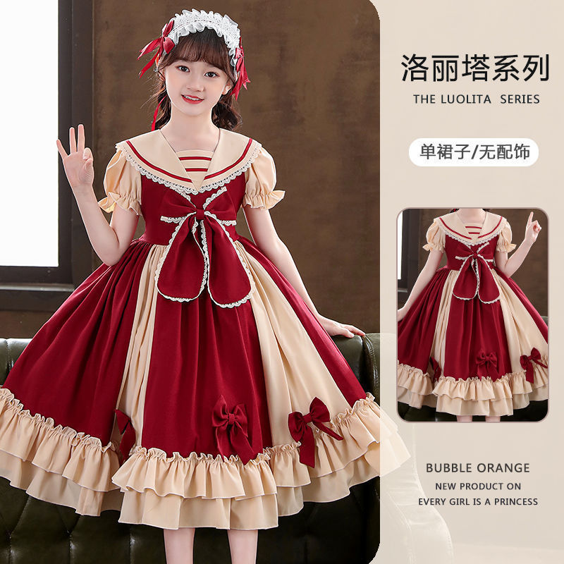 Girls' Lolita Princess Dress  New Short-Sleeved Skirt Children's Summer Dress College Style Western Fashion Dress